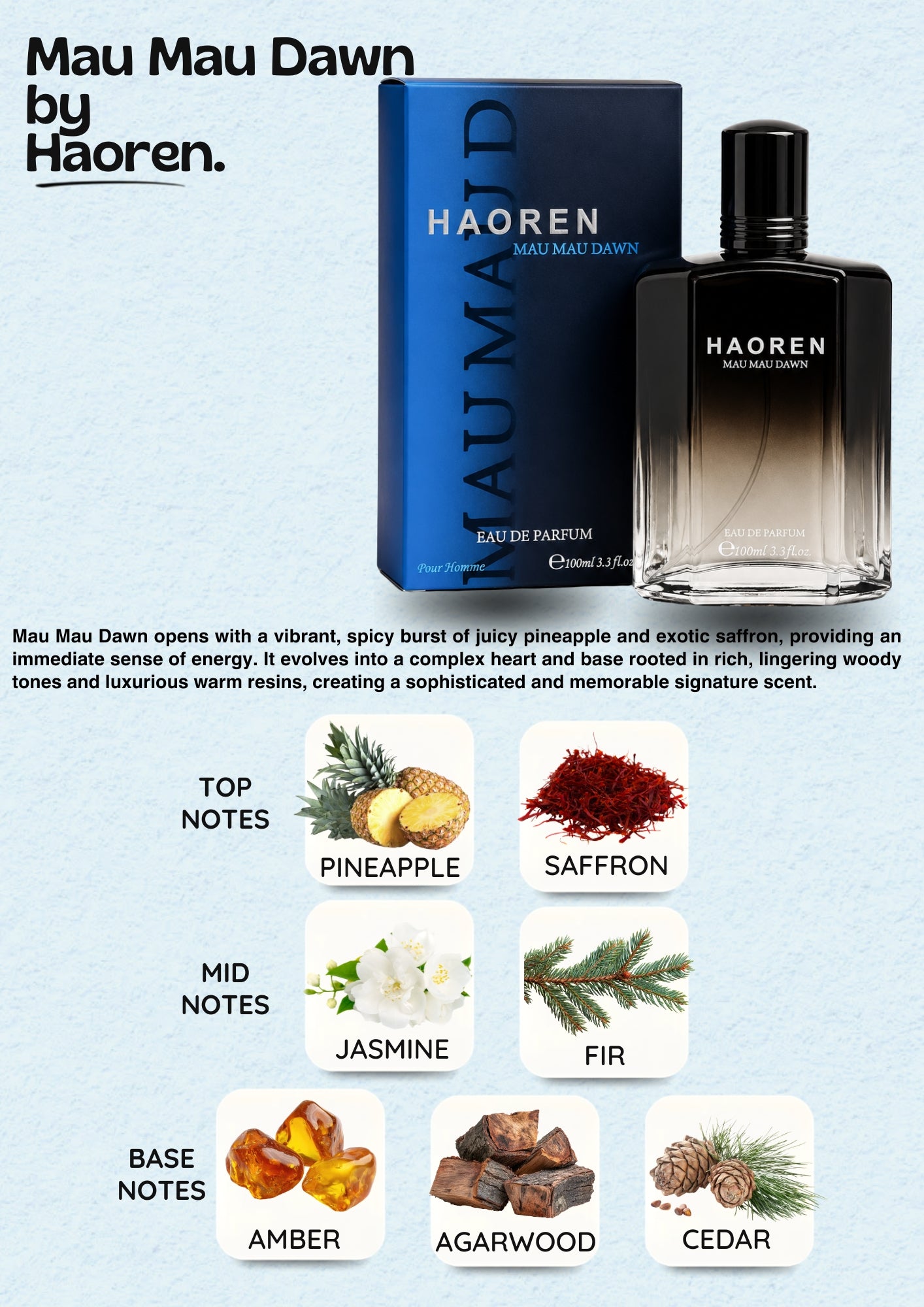 HAOREN Mau Mau Dawn Eau de Parfum Unisex 100ml - Amber Oud Scent, Bold Daily Wear & Evening Fragrance, Gift for Her & Him