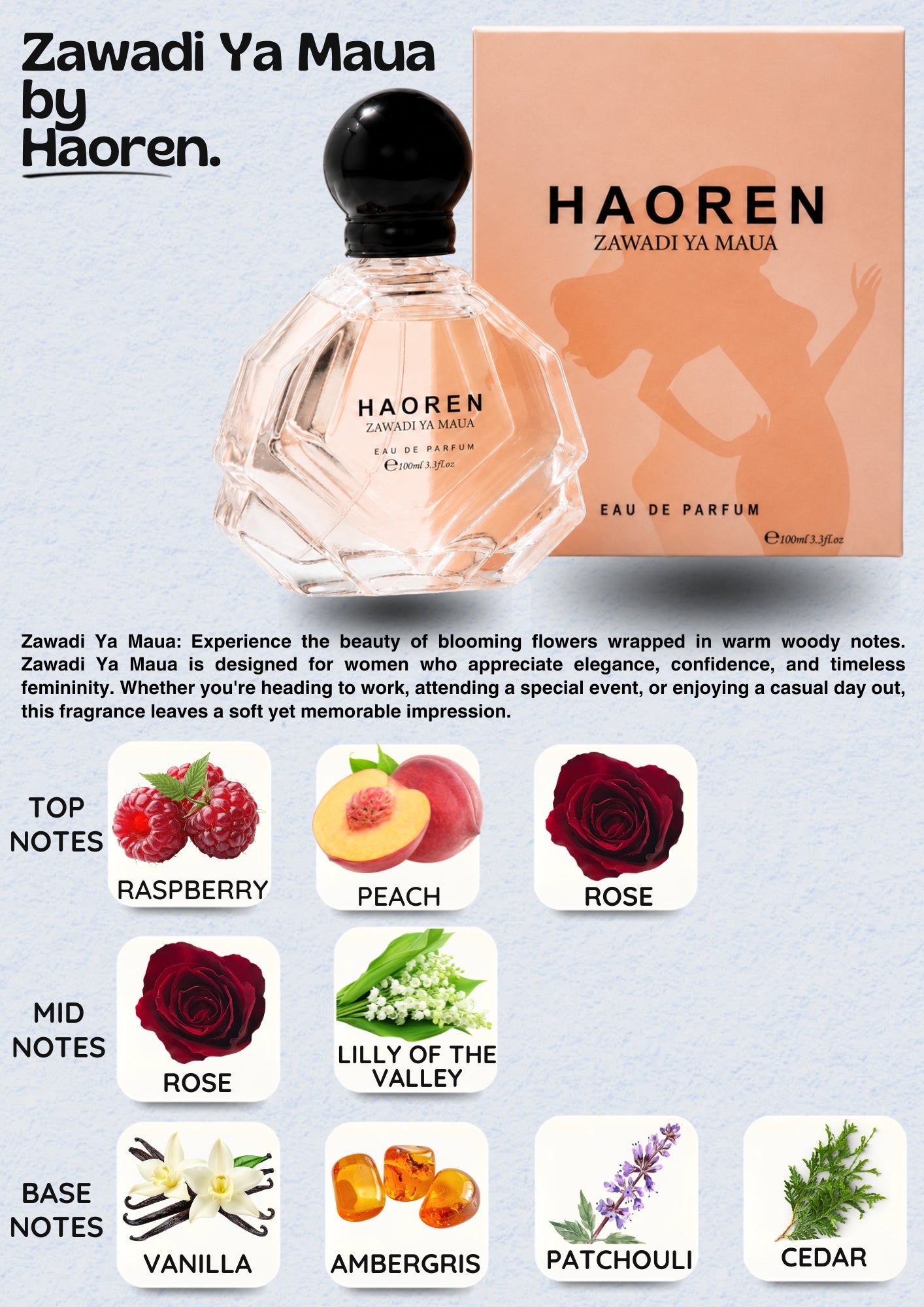 HAOREN Zawadi Ya Maua Perfume for Women 100ml – Floral Woody Eau de Parfum, Elegant Daily Wear, Long Lasting Fragrance, Gift for Her