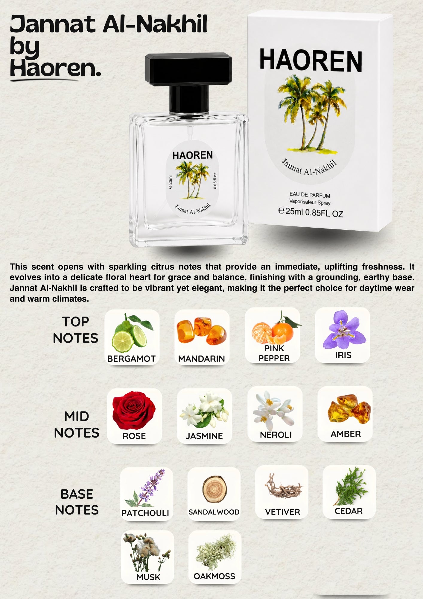 Jannat Al-Nakhil Eau de Parfum Unisex 25ml - Tropical Citrus & Floral Scent, Vibrant Daily Wear Fragrance, Gift for Her & Him